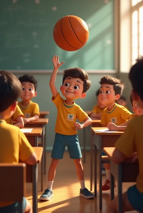 The first child in the row tries to pass the ball to the classmate behind him over his head while everyone is sitting..