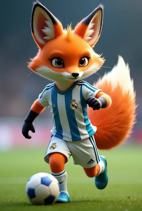 A football fox wearing a Real Madrid shirt