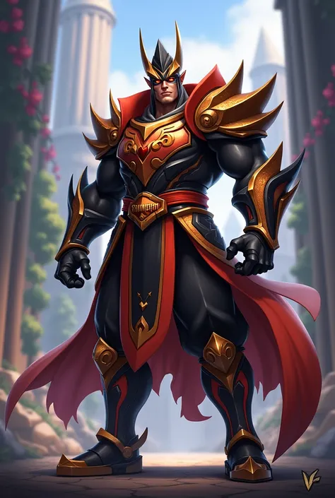 Generate the hero VALIR of mobile legends bang bang 
Outfit:  black, orange and red with very clear and not hidden print "PAMAGAN".
realistic 
