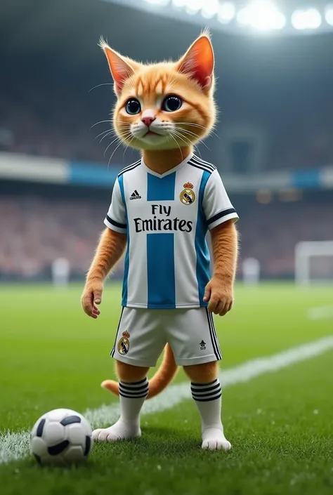 A footballer cat wearing a Real Madrid shirt