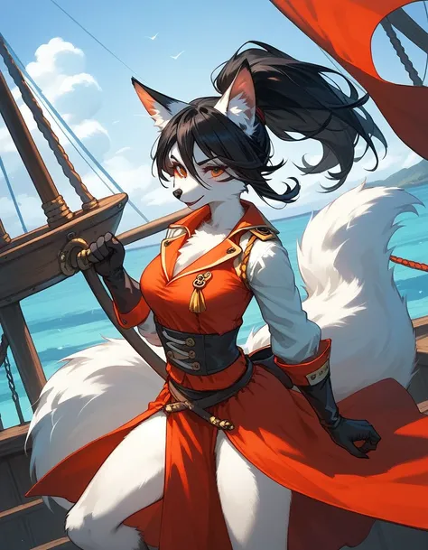 Solo, score_9,score_8_up,score_7_up, source_furry, an Anthro furry white Kitsune, white furry body, ponytail black hair, white fox ears, long fox snout, she has four white tails,PIRATE CLOTHES, in a pirate ship