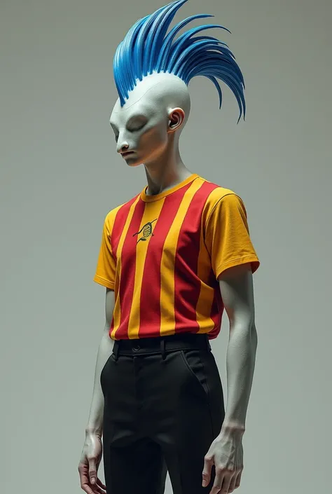 Person with a blue crest and noseless skin, 4 meters tall, wearing a vertical red and yellow striped shirt, black Jordan 1 retro pants 