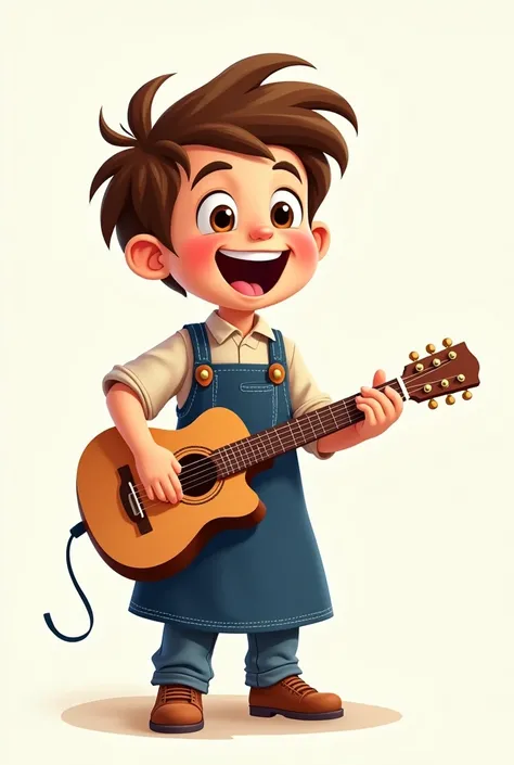 Full body cartoon of singing boy wearing navy blue apron, and brown leather details. An acoustic guitar in his right hand 