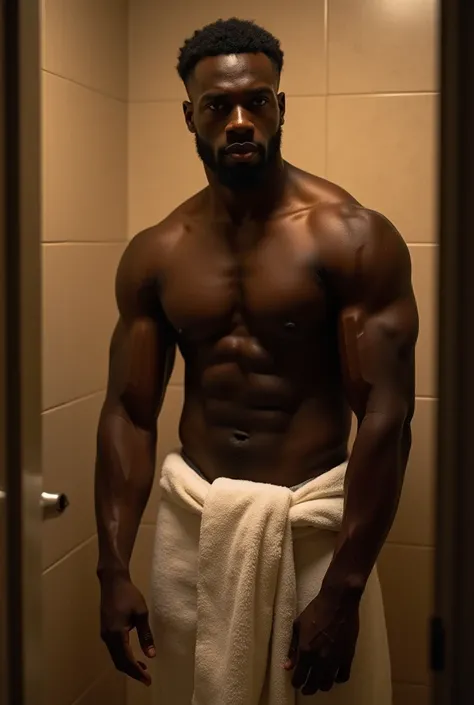 A shirtless black African man wearing a towel in the bathroom 