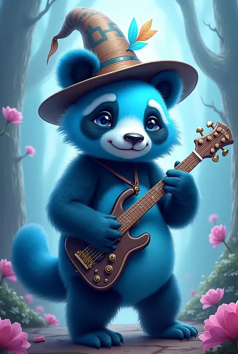 musician, panda, with hat, colour blue skin