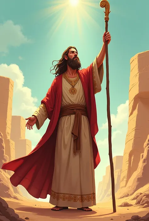 Moses animated with a garment of his entire body from the time of Jesus and with a staff extending his hand upwards 