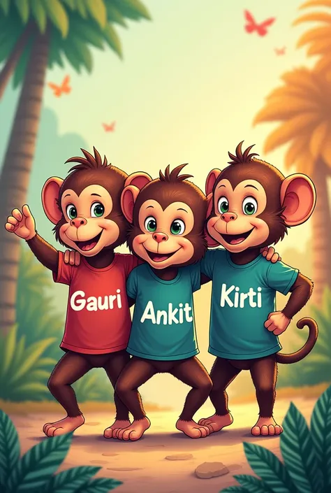 Four monkey friends named "Gauri" "Gaurav" "Ankit" and "Kirti" written on their tshirt 