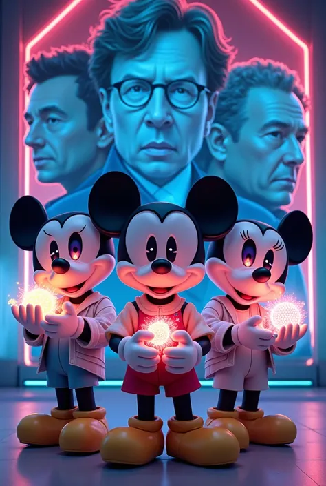 Create a 4 Japanese Disney-style character with artificial intelligence. Surrounded by neon lights and advanced technology. Different technology icons glowing in hand. Radiant eyes of technology. In the background a realistic drawing of Elon Musk, Bill Gat...