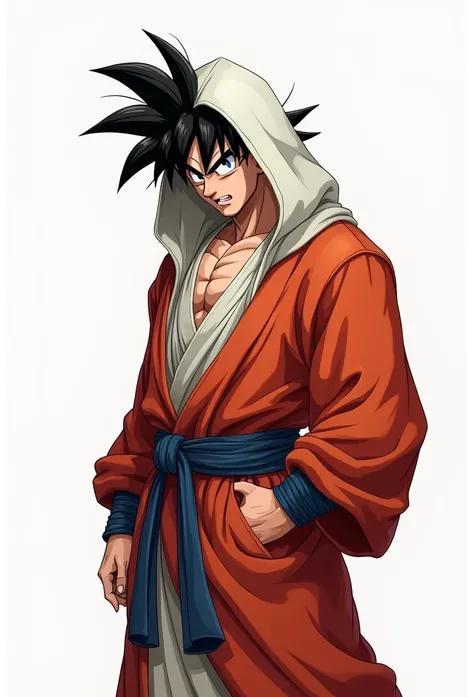 (Realistic,Realistic:1.37),Ultra-detailed,Detailed illustration of Goku(be familiar with,Emotional,Expressive,Features), Dragon Ball Z, Sun Wukong, White innerwear, Jedi Robe, Hooded Robe, Red Robe, Front opening robe, フードをsuffer, suffer, Hide your head, H...