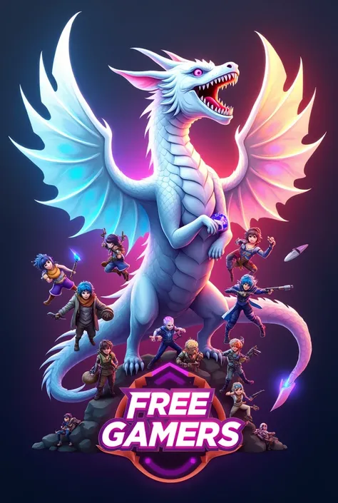 I want a gamer achievement that has many colors , with a white dragon , with a background with many figures and a logo at the bottom that says (FREE GAMERS)
