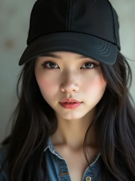 chinese girl 20 years old , with flawless face,focus on her gaze,cute,beautiful,high quality beautiful,black hair ,with black bisbol hat,casual style ,natural  ,badass