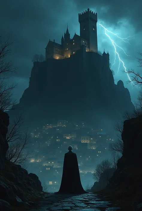 a very small gothic town with lights only inside the buildings and some even completely dark, behind and on top of a cliff is a vampire count in front of his dark and spooky castle on top of a high hill and under a dark sky with one lightningbolt glooming ...