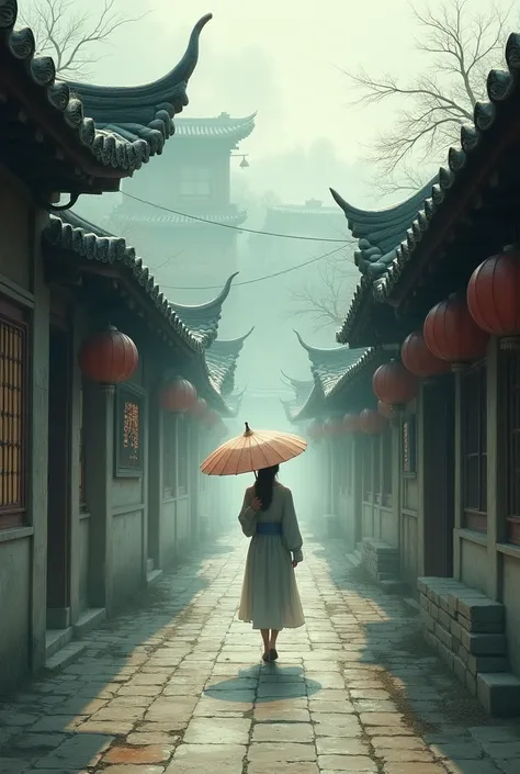 there is a person walking down a street with an umbrella, dreamy chinese town, chinese village, misty alleyway, misty alleyways, ancient city streets behind her, chinese architecture, old asian village, ancient chinese architecture, by Wu Zhen, by Xia Yong...