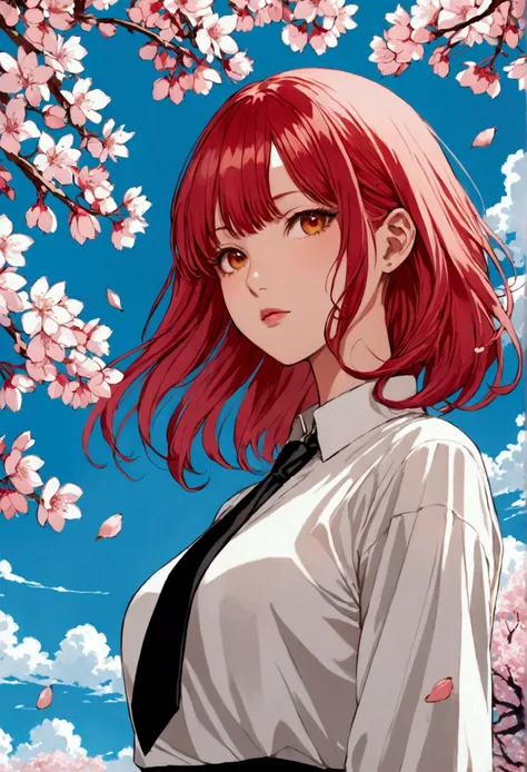 ((Go Min-si)) Create a striking anime-style digital illustration featuring a front portrait of Makima from Chainsaw Man. Portray her with her signature vibrant red hair, styled with straight bangs and a long braid draped over her right shoulder. Her pierci...