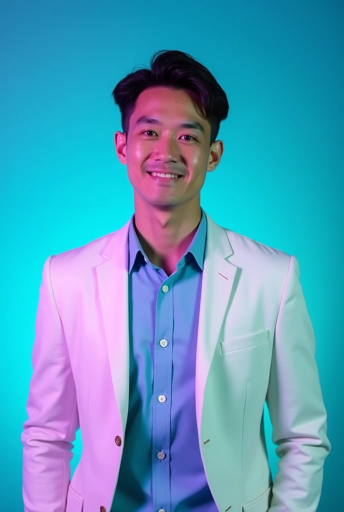 A young man with small dark hair straight and a sume attitude. He is dressed in a the white blazer over a blu shirt.The man is positioned Against Aqua colour backdrop with a subtle purple lighting on the left side. And he posting for LinkedIn profile