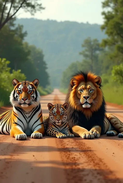 Tigers, leopards, and lions lie across the road.