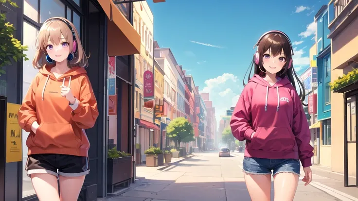 1girl, long brown hair, pink oversized hoodie, shorts, best quality, 8k quality, sunny sky, city downtown, chilling, headphones, listening to music, smile