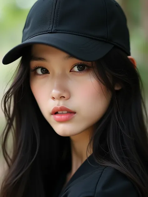 chinese girl 20 years old , with flawless face,focus on her gaze,cute,beautiful,high quality beautiful,black hair ,with black bisbol hat,casual style ,natural  ,badass