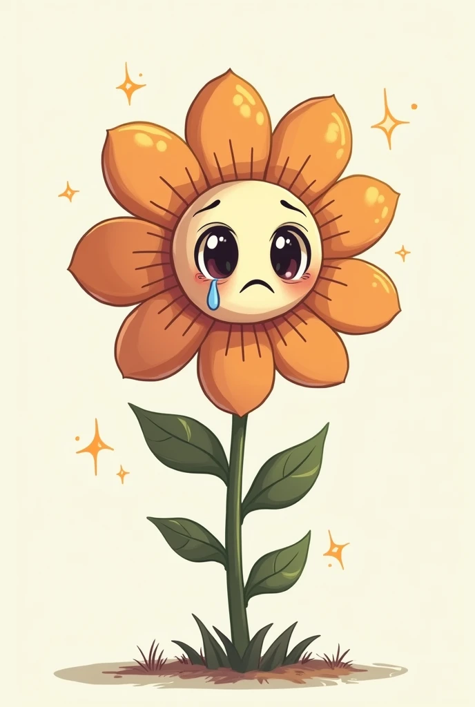 Create a cartoon of a flower with eyes and a mouth, but the flower is crying and very sad. 