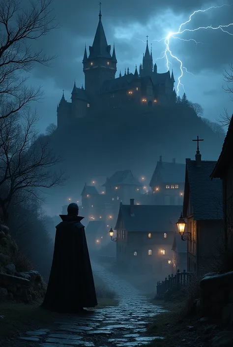 a small medieval gothic town with lights only inside the buildings and some even completely dark, behind and on top of a cliff is a vampire count in front of his dark and spooky castle on top of a high hill and under a dark sky with one lightningbolt gloom...