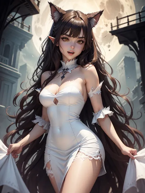 A female with werewolf ears, fangs, white werewolf dress,dark place,fullmoon brown hair