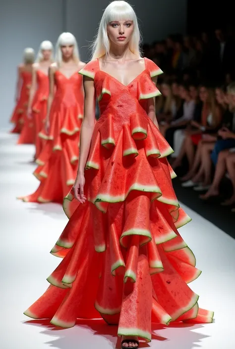 Imagine an avant-garde runway show featuring models wearing dresses made entirely of watermelon slices, showcasing the creativity and innovation in fashion design. The watermelon outfits could be adorned with intricate patterns or textures to create unique...