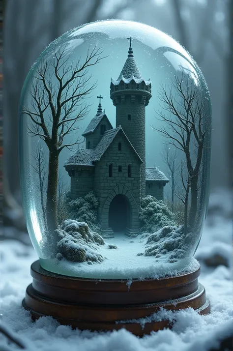 Snow Globe, with a swampy kingdom inside and full of snow. With dark trees and a mossy stone castle with a single gargoyled tower