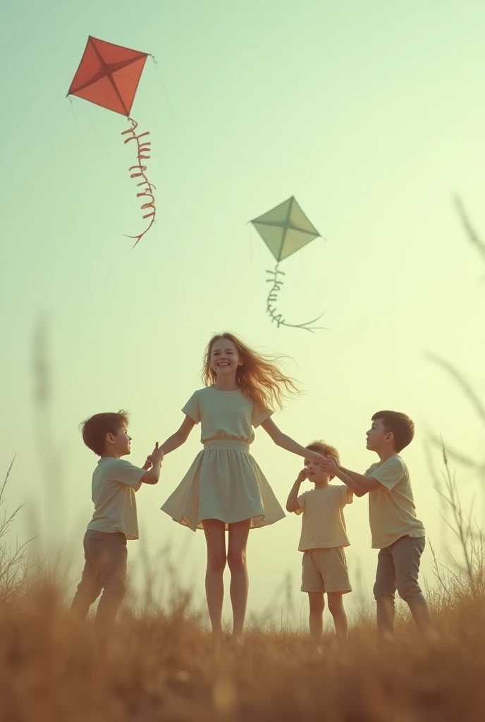 a blonde girl, age 25, has fun flying kites with boys .Filtro Foggy, David Hamilton Style.