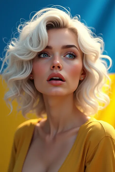   Ukraine flag background,  portrait of beautiful woman wide-eyed expression of deep surprise,
soft lush curly warm white long hair, art of portrait, in the style
of Matthias Haker, motion blur, aggressive digital illustration,
by Serge Marshennikov, assoc...