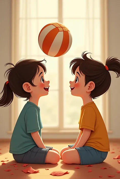 Two children sitting in a row behind each other passing the ball over their heads 