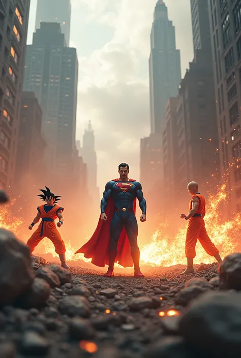 Superman fighting Goku and Saitama in World of Destruction