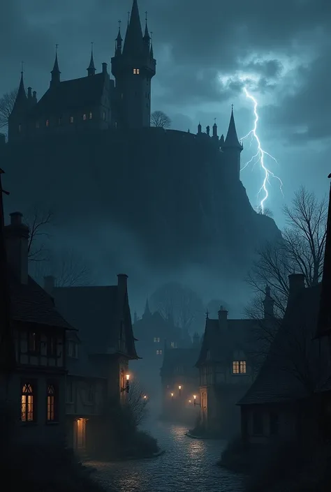 a small medieval gothic town with lights only inside the buildings, some buildings even completely dark and a bit fog on the street, behind and on top of a cliff is a vampire count in front of his dark and spooky castle on top of a high hill and under a da...