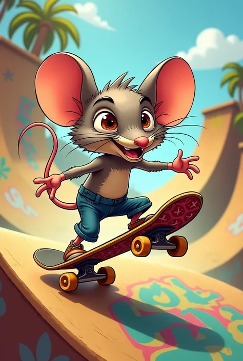 Create a cartoon style caricature of a mouse on a skateboard 