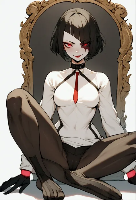 The eyes,fully body,sitting with legs open,alone,short hair,work of art,face detailed,young fitness linda,Wearing black pantyhose,tight white sweater with collar ,neckleace,evil smile,red eyes glowing,labiaa,eye shadow,bangs on the eyes,black gloves,usando...