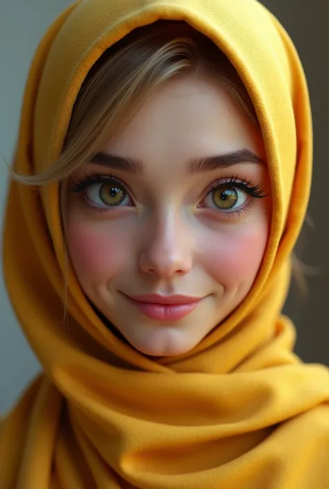 A emma myers,,perfect eyes,with gold hijab,medium body,eyes wink expression,,pm, 3d render
