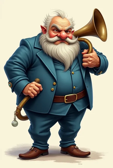 The grumpy dwarf from the Seven Dwarves in a blue suit and leaning on his tuba