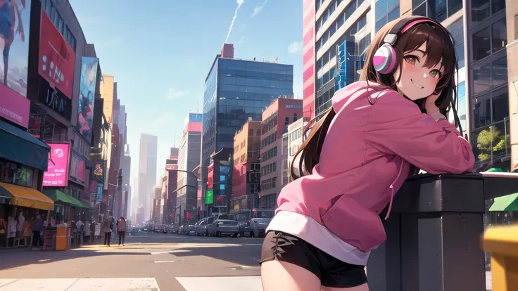 1girl, long brown hair, pink oversized hoodie, shorts, best quality, 8k quality, sunny sky, city downtown, new york city,  chilling, headphones, listening to music, smile, alone