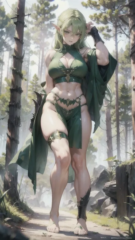 Green hair，Greenskin，female orc，Pointed ears，Fangs，Large Breasts，muscle，Abdominal muscles，primitive clothing，Bare arms，underwear，Bare Legs，barefoot，paw，Standing，forest