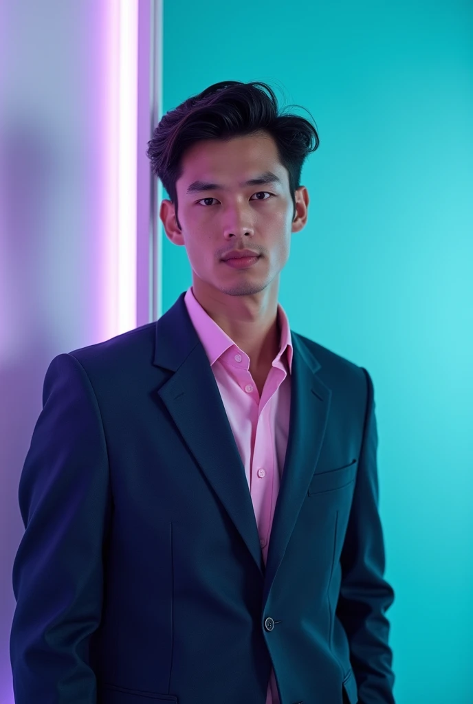 A young man with dark small hair straight and a sume attitude. He is full frame white glass and He is dressed in a the dark blue blazer over a pink shirt.The man is positioned Against Aqua colour backdrop with a subtle purple lighting on the left side. And...