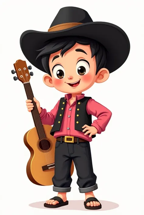 A cartoon of a child, Dressed in black cloth pants and a pink long-sleeved shirt tucked into the pants with buttons, black vest without buttons, sandals and a black Vallegrandino hat and a guitar on the left side ,grabbing with one hand and the right hand ...