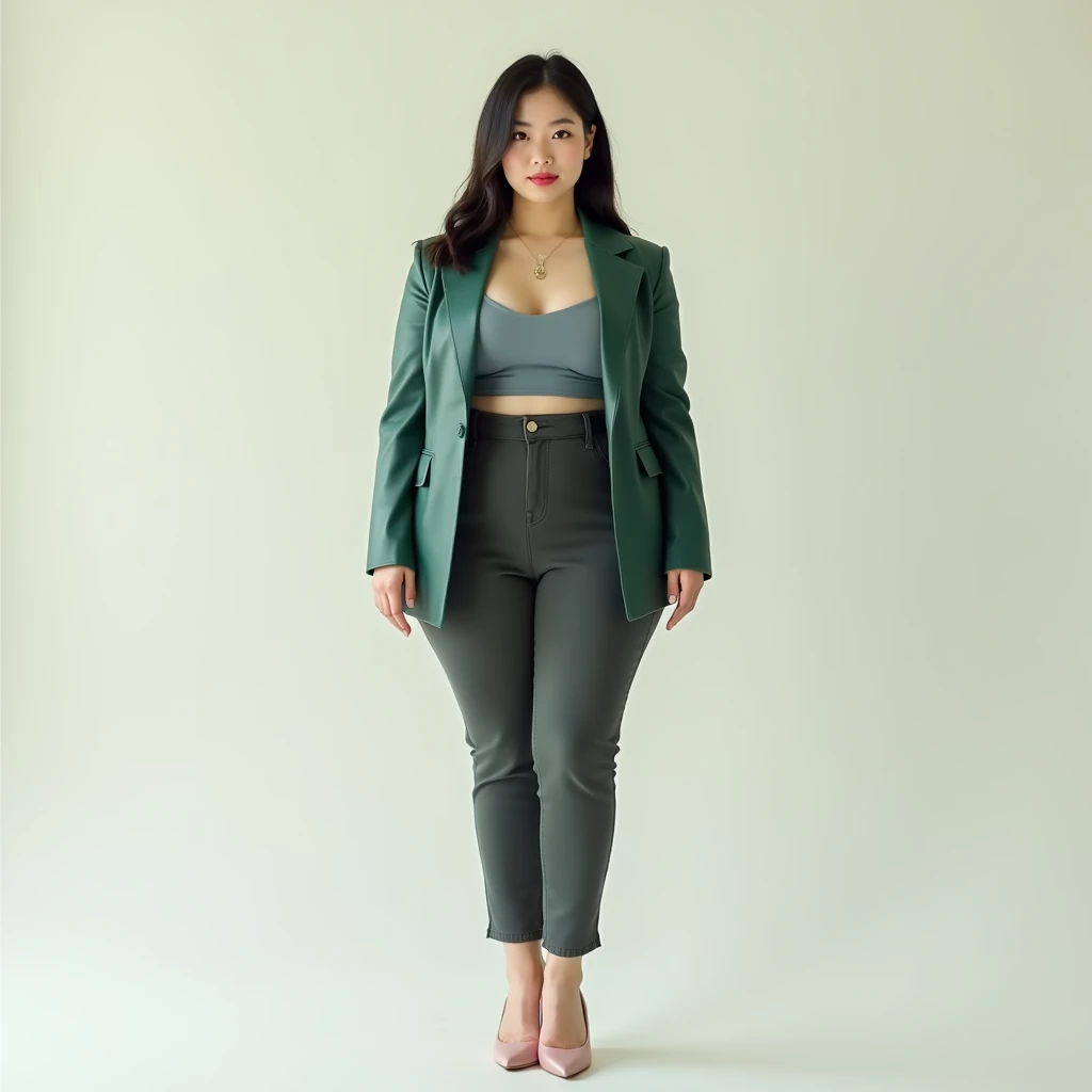 captured with a Sony α7 III camera, young Asia, an narrow waist, wide hips, and a full bust. The proportions are highly stylized, with a sharp contrast between the tiny waist and the expansive curves of the hips and chest, full body shot, fitted leather bl...