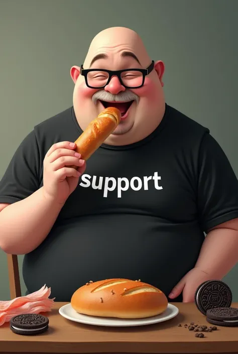 white male, baldie, fatter, cheeky, Large belly, with glasses, eating baguette bread with ham, Oreo cookie on a table, wearing a black shirt with the word SUPPORT written in Portuguese.