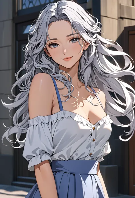 (masterpiece), (high resolution, 8k), (high detailed), women, lean body, (long waist length wavy messy hair(silver colored)), beautiful face, (close mouth:1.2), tired smile, casual royal outfit, anime style, unaestheticXL_bp5, SimplePositiveXLv2