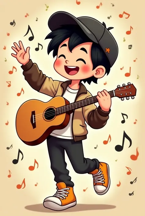 Full body cartoon boy super short hair black cap and wearing white long sleeve button down shirt, black pants, beige jacket with dark brown sleeves,With mustard-colored high-top shoes .An acoustic guitar in his right hand. Musical notes everywhere 