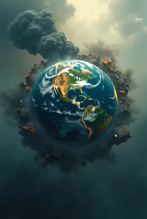 : A globe surrounded by pollution (smoke, waste, etc.).