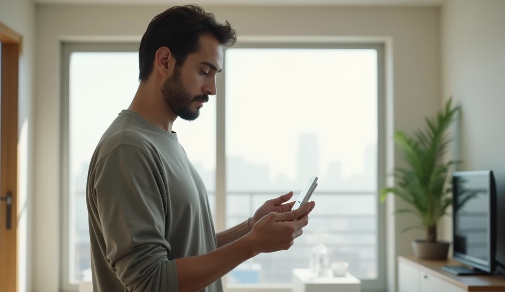 apartment, Minimalist style, A 30 year old man holds a TP-LINK TL-WN781ND network adapter and looks at it