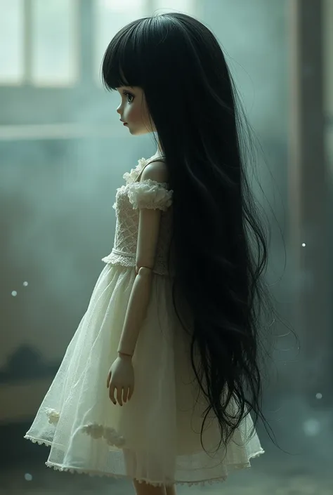 Create a doll from behind with long black hair, white skin and a flared dress