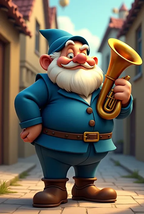 Snow White&#39;s grumpy dwarf from the Seven Dwarfs in a blue suit and leaning on his tuba in a cartoon