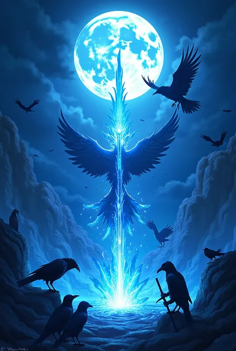 create an anime cover with blue fire and ice weapons like swords and guns and crows and bats coming out of the shadows on a blue background with a full moon do not put any characters in the background and put ice and fire I do not want images in the backgr...