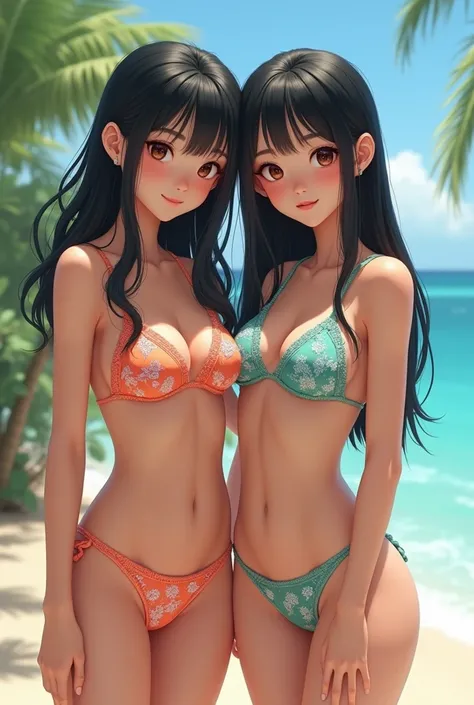 Asian, twin girls, teen, bikini, photorealistic